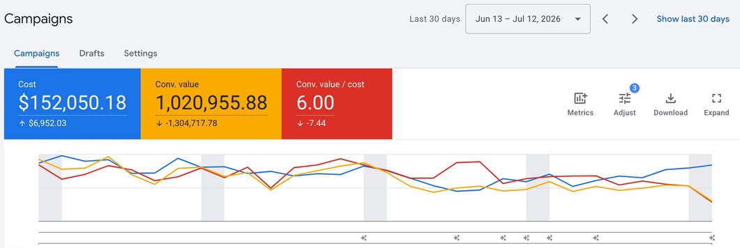 Google Ads: $1.02M — conversion value in 30 days · ROAS 6